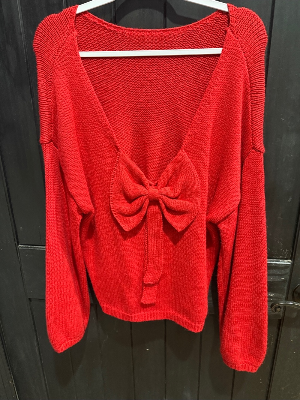 Red V-Neck Bow-Front Knit Sweater